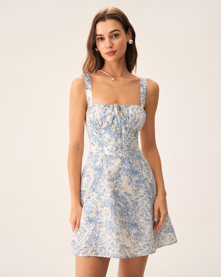 Elegante Abito Mini Floreale Blu Corset Arricciato Linea A