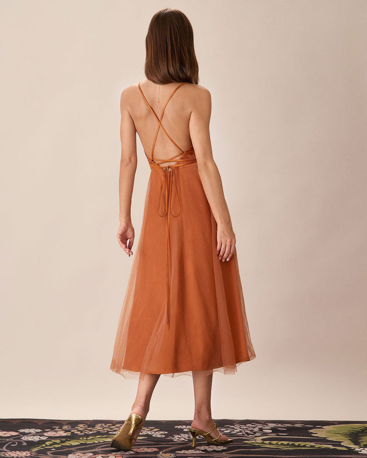 Abito midi donna elegante caramello