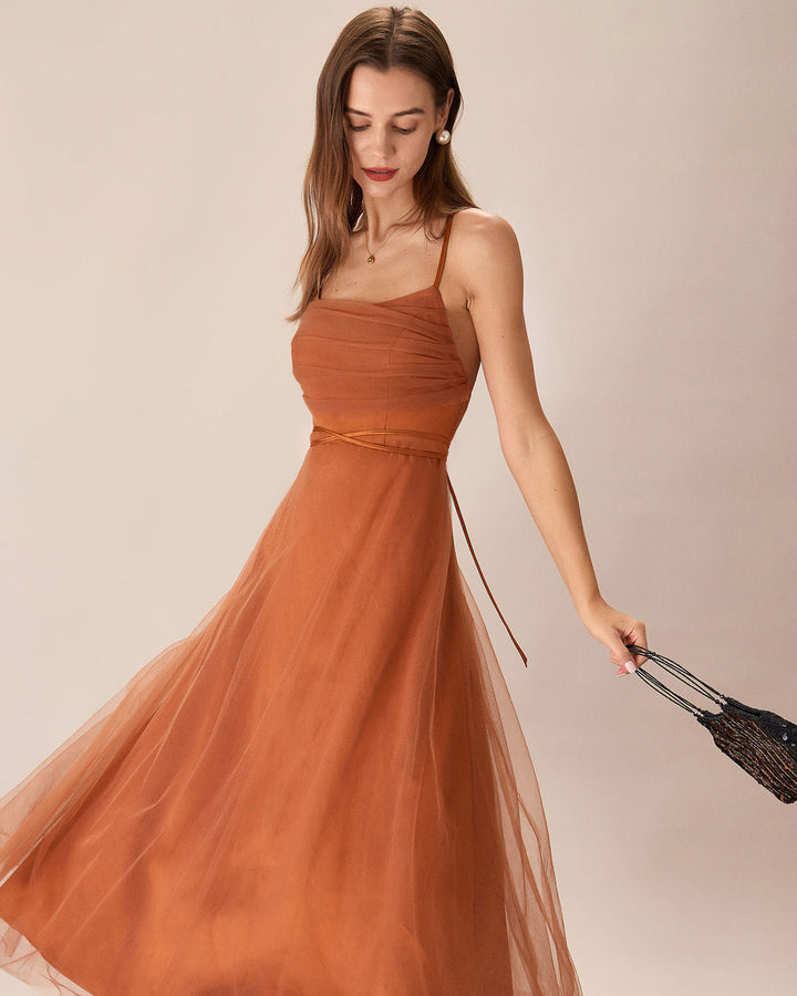 Abito midi donna elegante caramello