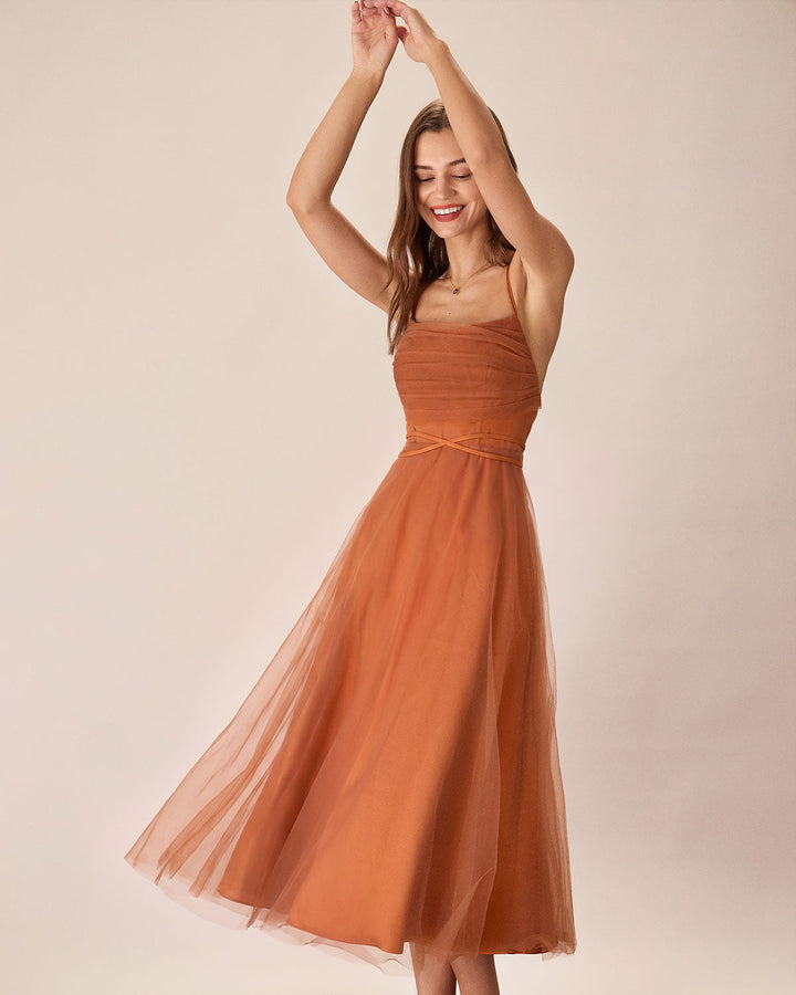 Abito midi donna elegante caramello