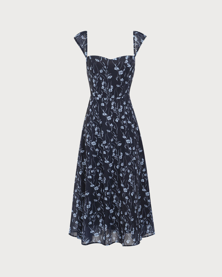 Elegante Abito Midi Floreale Navy Scollo Cuore