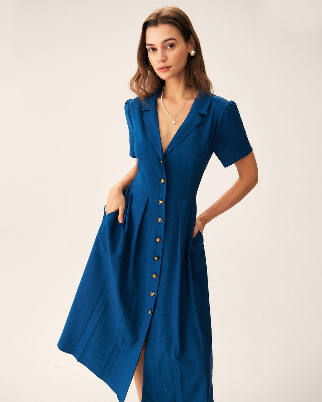 Abito midi donna plissettato con bottoni blu