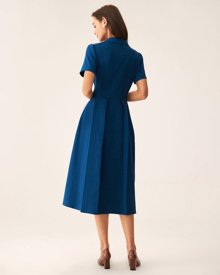 Abito midi donna plissettato con bottoni blu