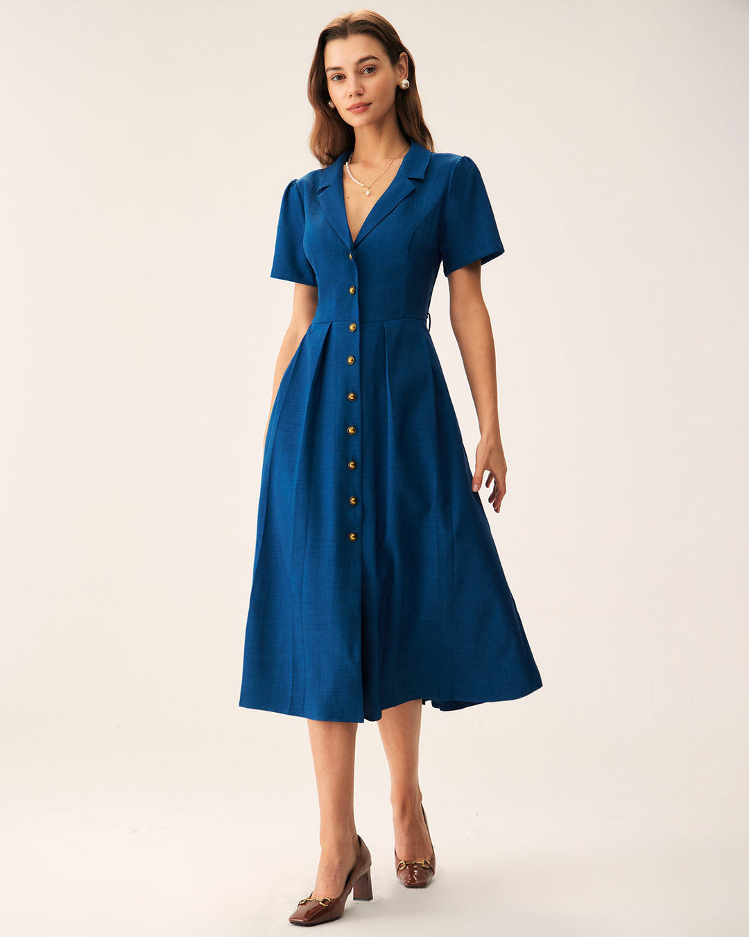 Abito midi donna plissettato con bottoni blu