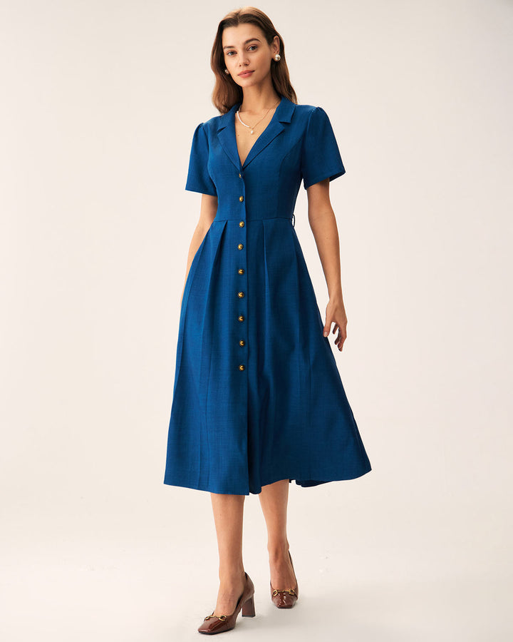 Abito midi donna plissettato con bottoni blu