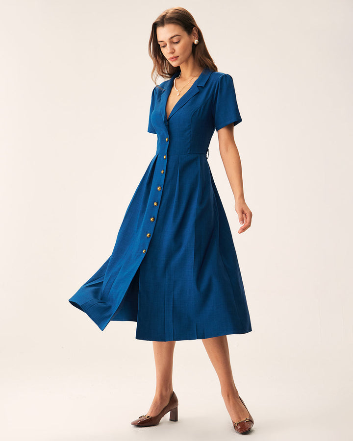 Abito midi donna plissettato con bottoni blu