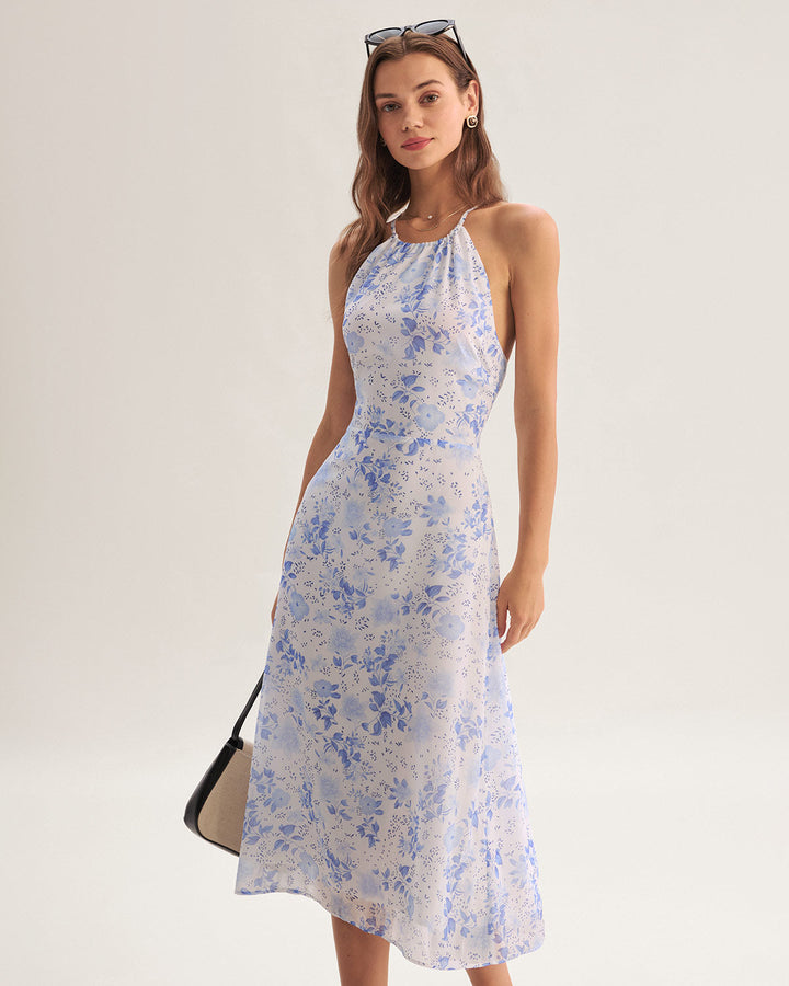 Abito estivo midi floreale blu con scollo all'americana