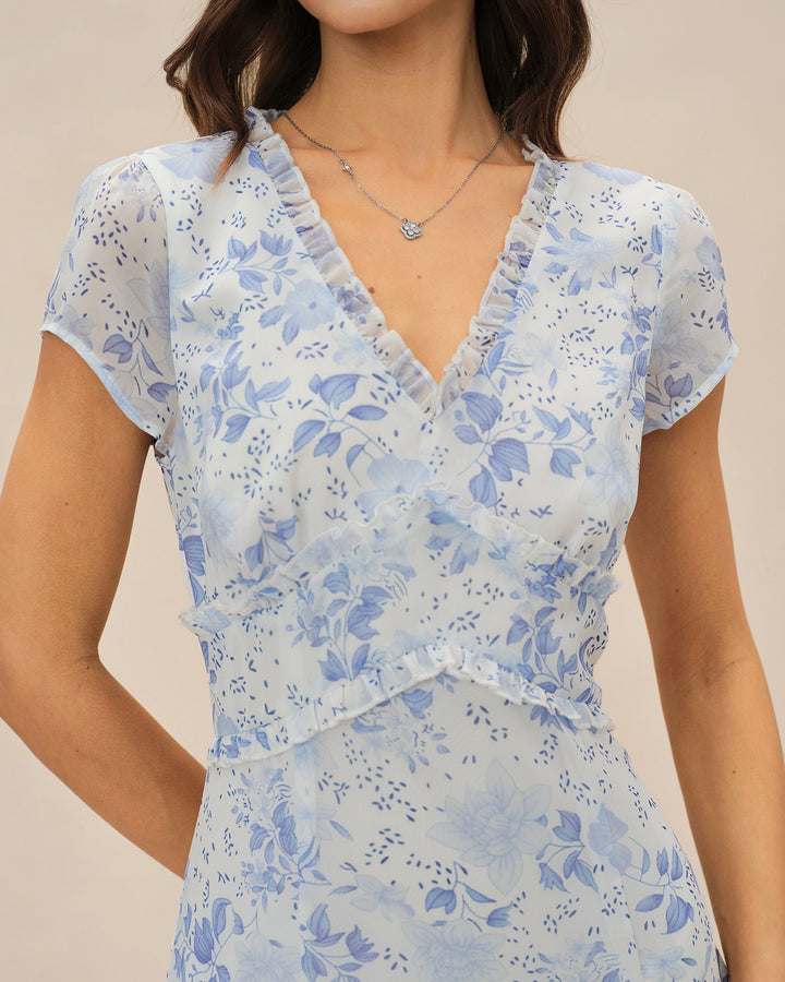 Abito estivo midi floreale blu con scollo a V