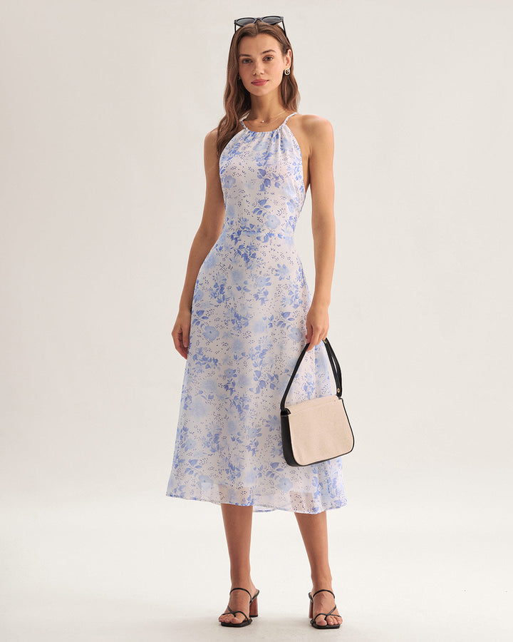 Abito estivo midi floreale blu con scollo all'americana