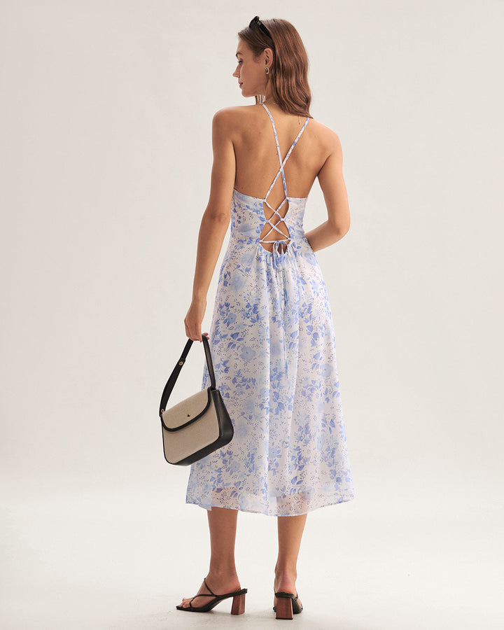 Abito estivo midi floreale blu con scollo all'americana