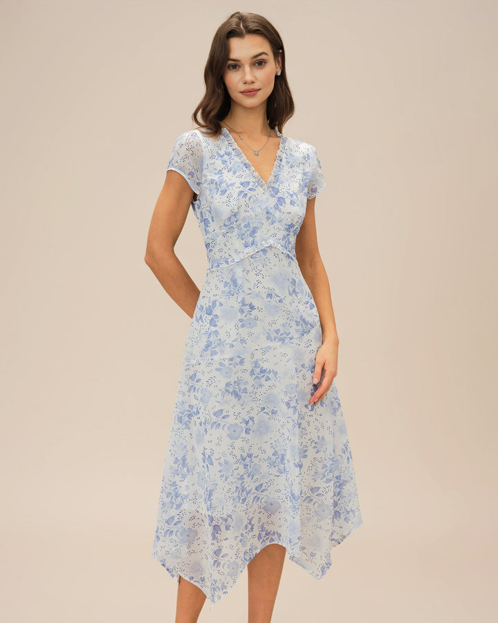 Abito estivo midi floreale blu con scollo a V
