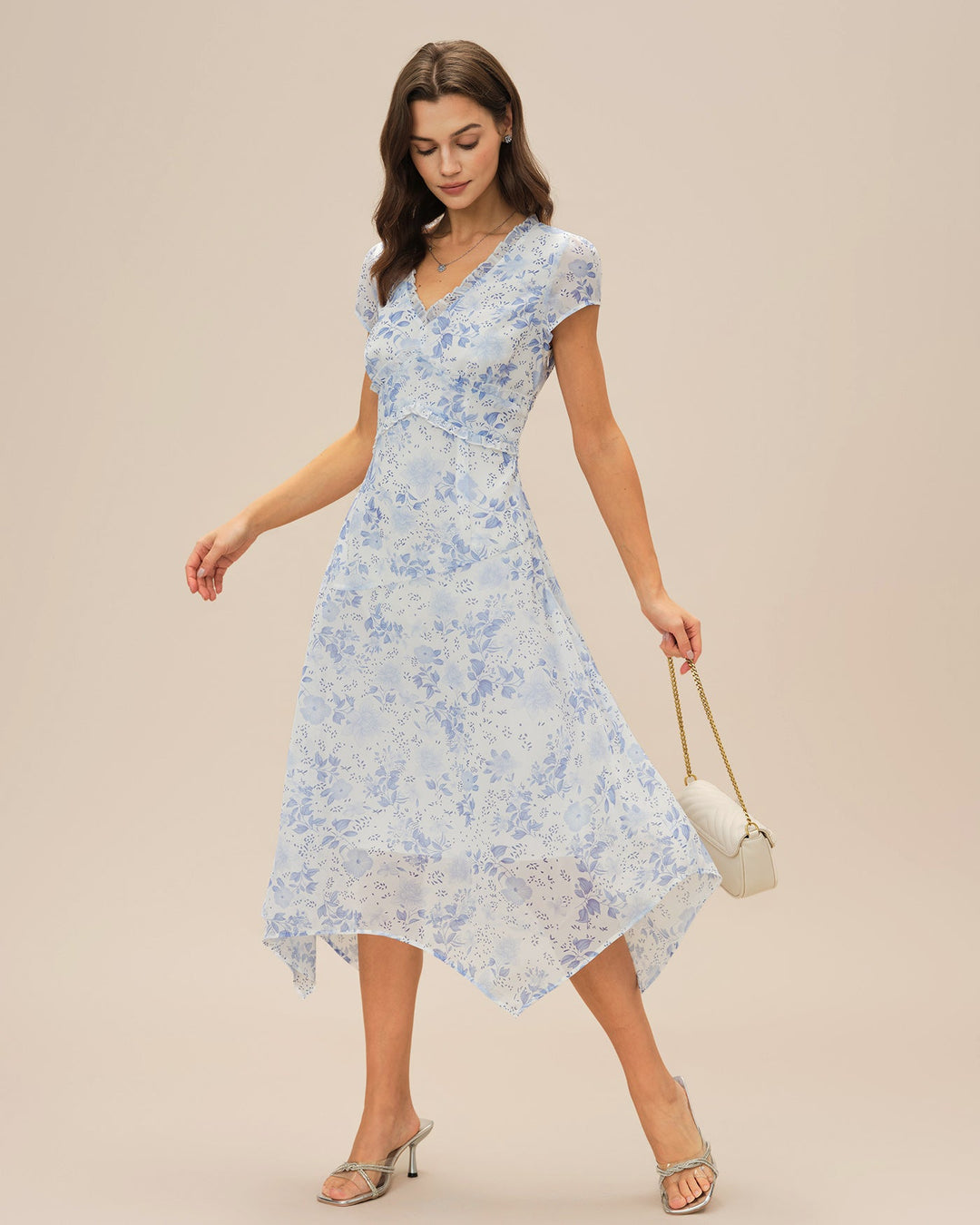 Abito estivo midi floreale blu con scollo a V