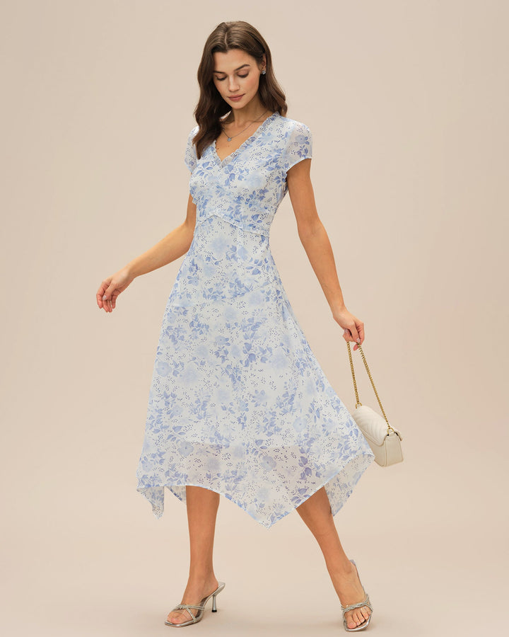 Abito estivo midi floreale blu con scollo a V
