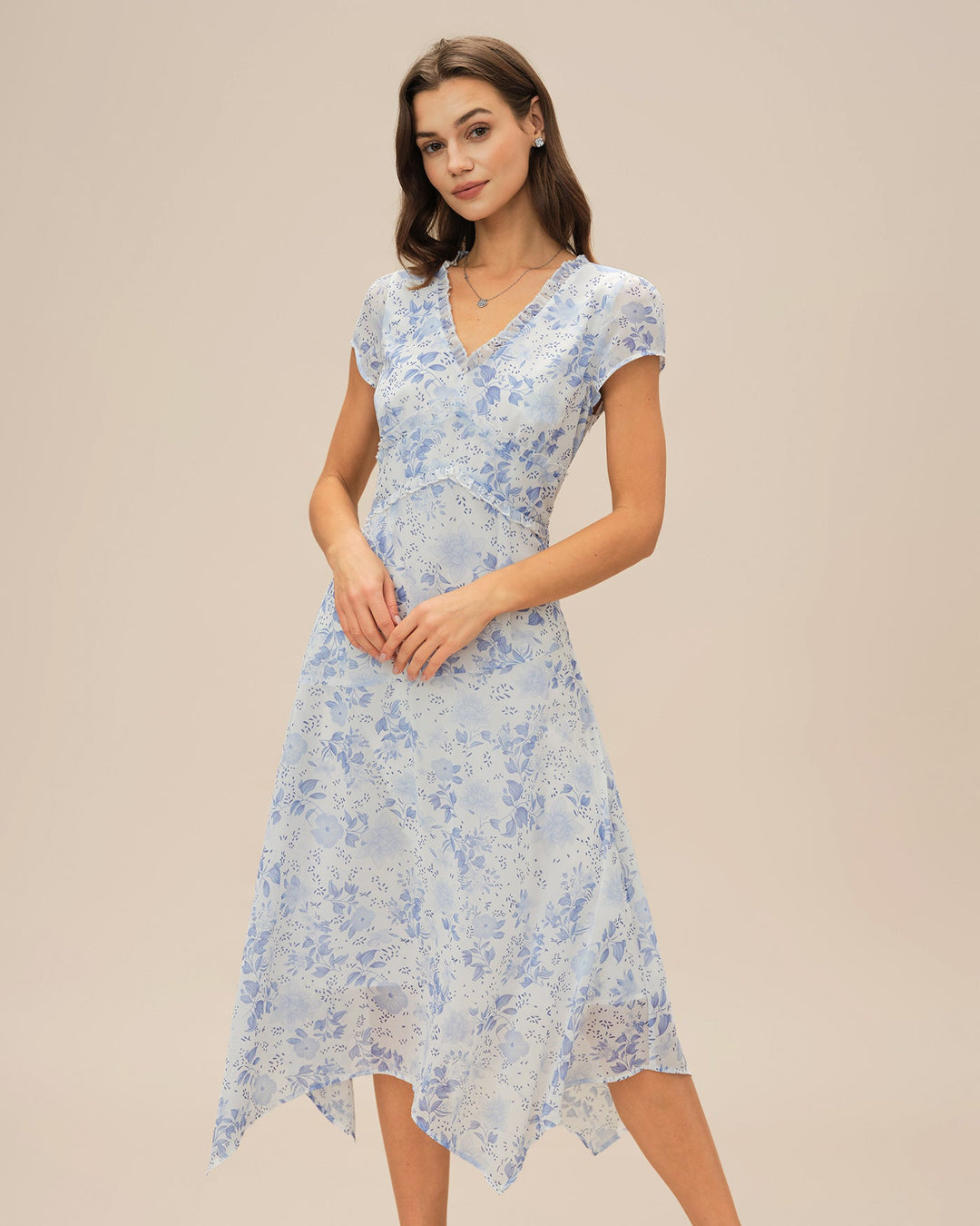 Abito estivo midi floreale blu con scollo a V