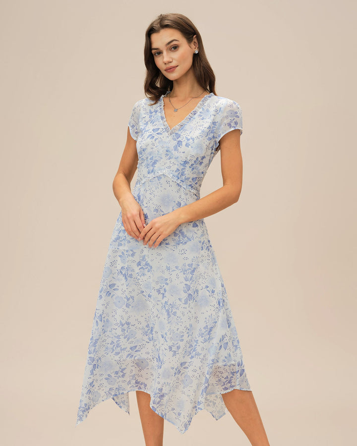 Abito estivo midi floreale blu con scollo a V