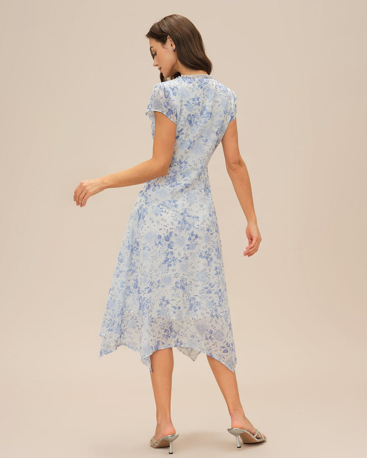 Abito estivo midi floreale blu con scollo a V