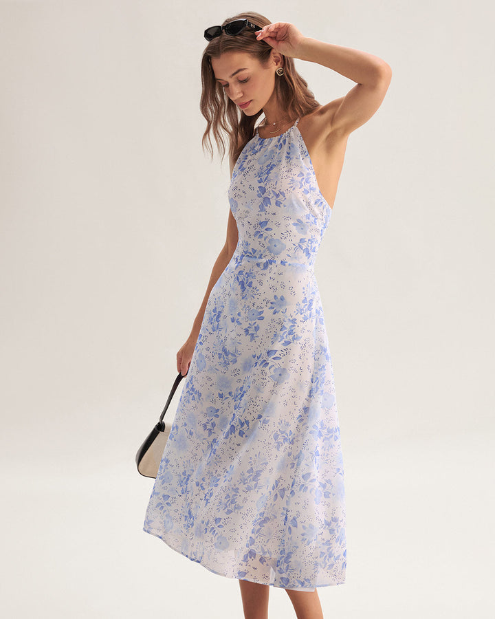 Abito estivo midi floreale blu con scollo all'americana